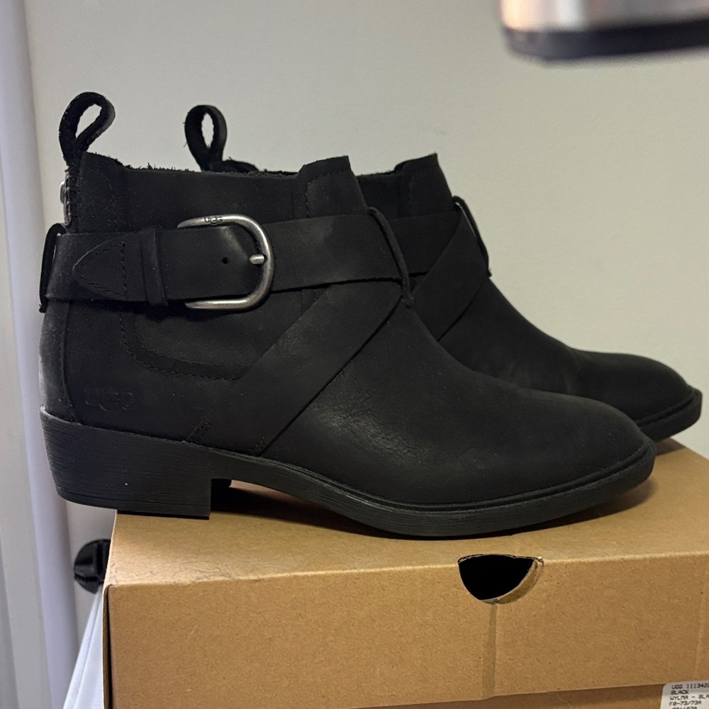 UGG Black Genuine Leather Ankle Booties with Buckle Strap